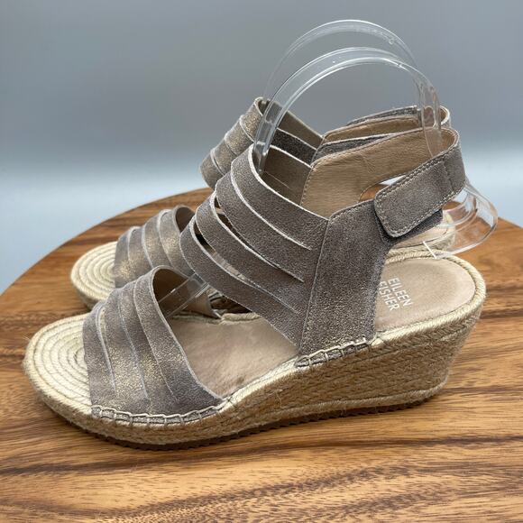 Eileen Fisher Largo Sandals 8 Platform Espadrille Wedges Platinum Metallic Suede - Picture 3 of 7